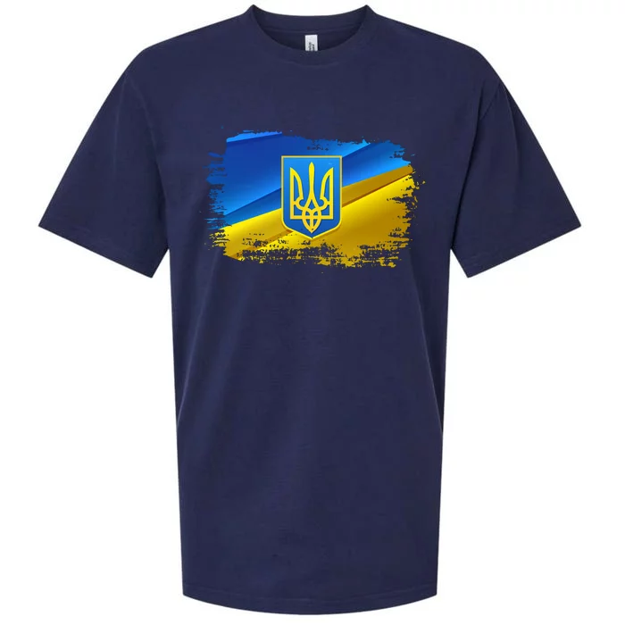 Stand With Ukraine Distressed Coat Of Arms Crest Flag Sueded Cloud Jersey T-Shirt