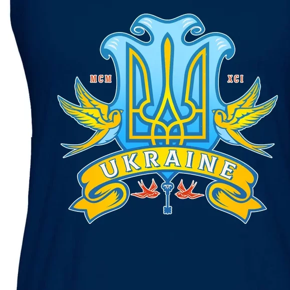 Stand With Ukraine Coat Of Arms Crest Peace Doves Ladies Essential Flowy Tank