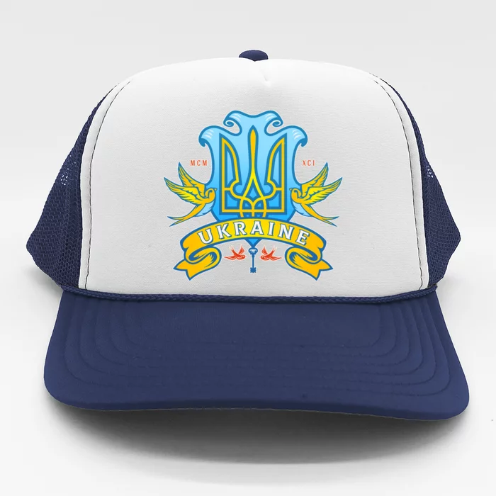 Stand With Ukraine Coat Of Arms Crest Peace Doves Trucker Hat