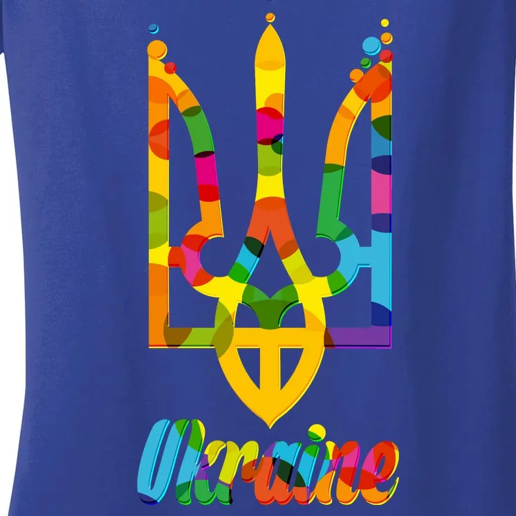 Stand With Ukraine Rainbow Dots Coat Of Arms Women's V-Neck T-Shirt