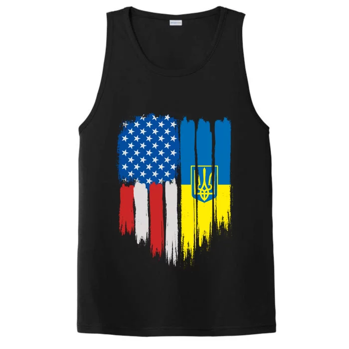 Stand With Ukraine Painted Distressed USA Ukrainian Flags Performance Tank