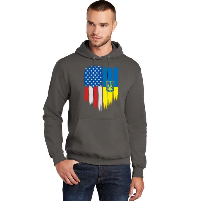 Stand With Ukraine Painted Distressed USA Ukrainian Flags Tall Hoodie