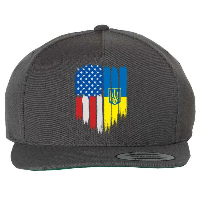 Stand With Ukraine Painted Distressed USA Ukrainian Flags Wool Snapback Cap