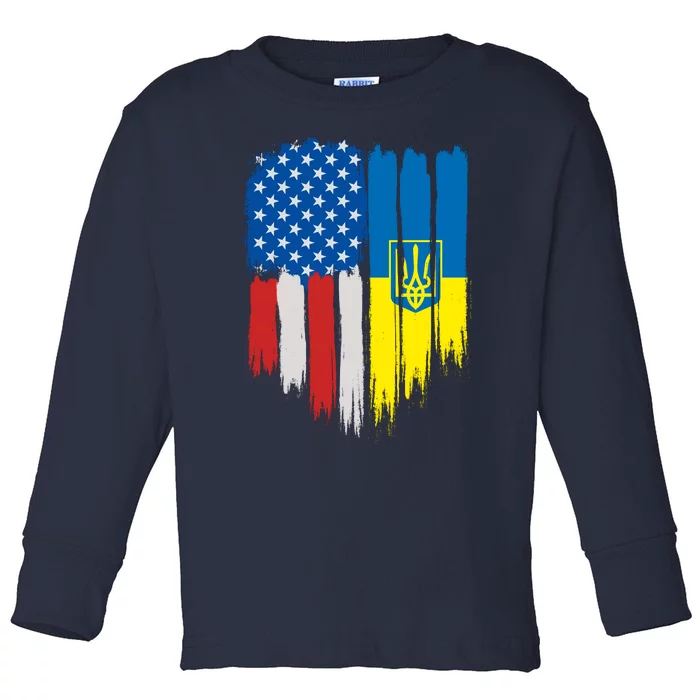 Stand With Ukraine Painted Distressed USA Ukrainian Flags Toddler Long Sleeve Shirt