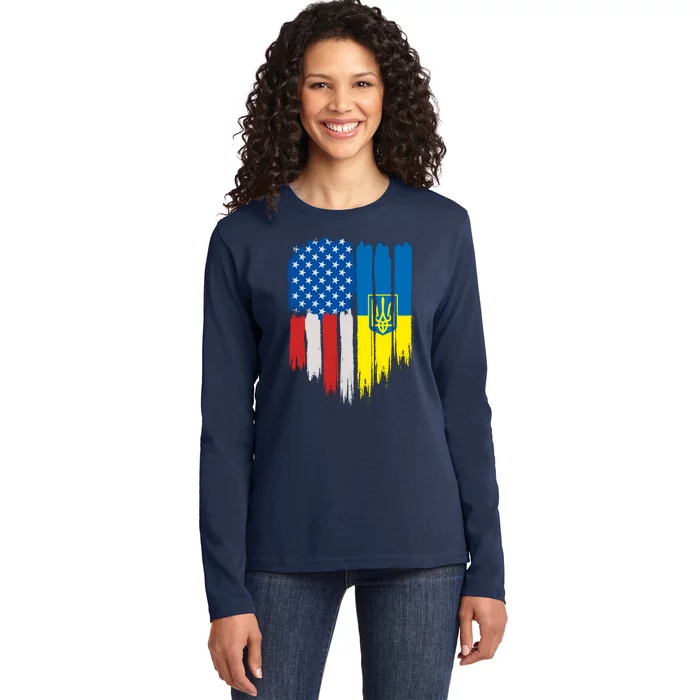 Stand With Ukraine Painted Distressed USA Ukrainian Flags Ladies Long Sleeve Shirt