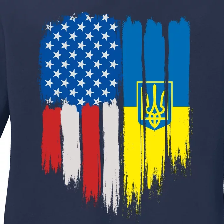 Stand With Ukraine Painted Distressed USA Ukrainian Flags Ladies Long Sleeve Shirt