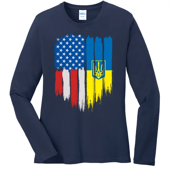 Stand With Ukraine Painted Distressed USA Ukrainian Flags Ladies Long Sleeve Shirt