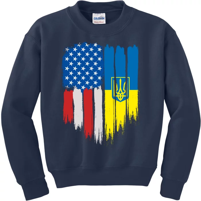 Stand With Ukraine Painted Distressed USA Ukrainian Flags Kids Sweatshirt