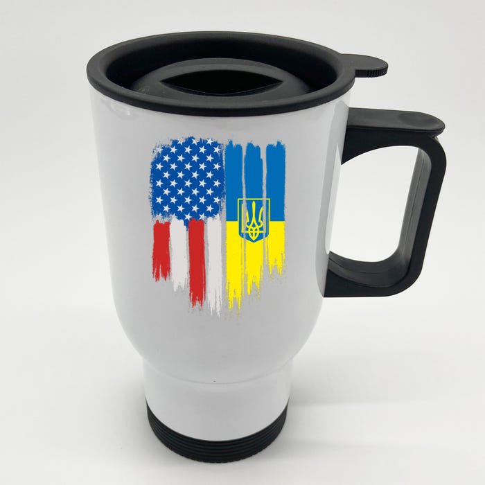 Stand With Ukraine Painted Distressed USA Ukrainian Flags Front & Back Stainless Steel Travel Mug