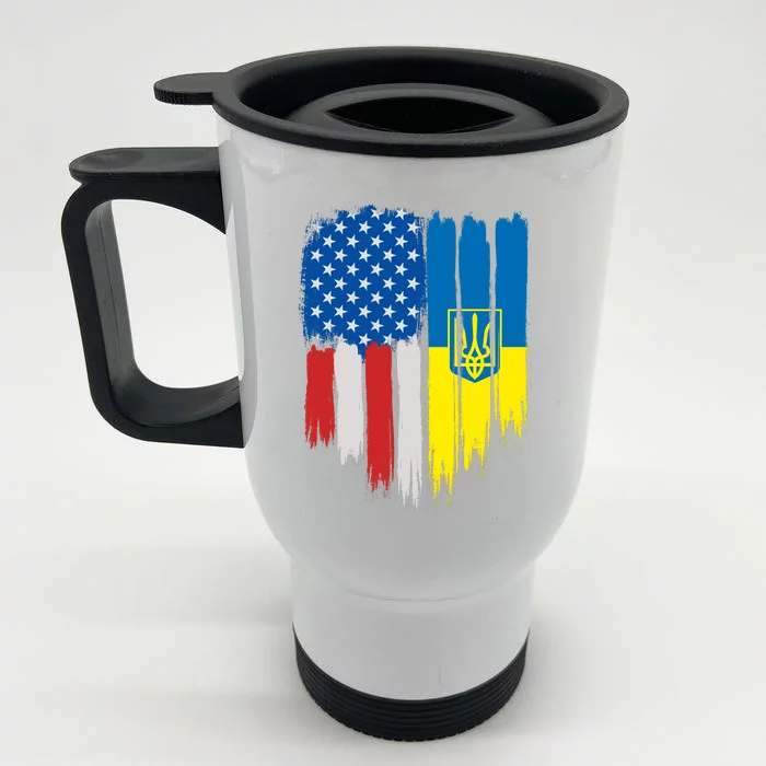 Stand With Ukraine Painted Distressed USA Ukrainian Flags Front & Back Stainless Steel Travel Mug