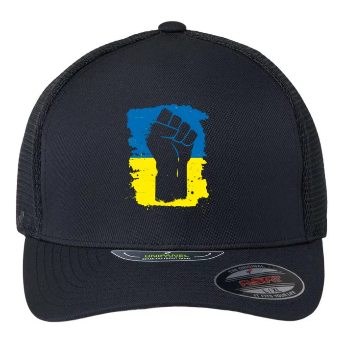 Stand With Ukraine Distressed Protest Fist Ukrainian Flag Flexfit Unipanel Trucker Cap