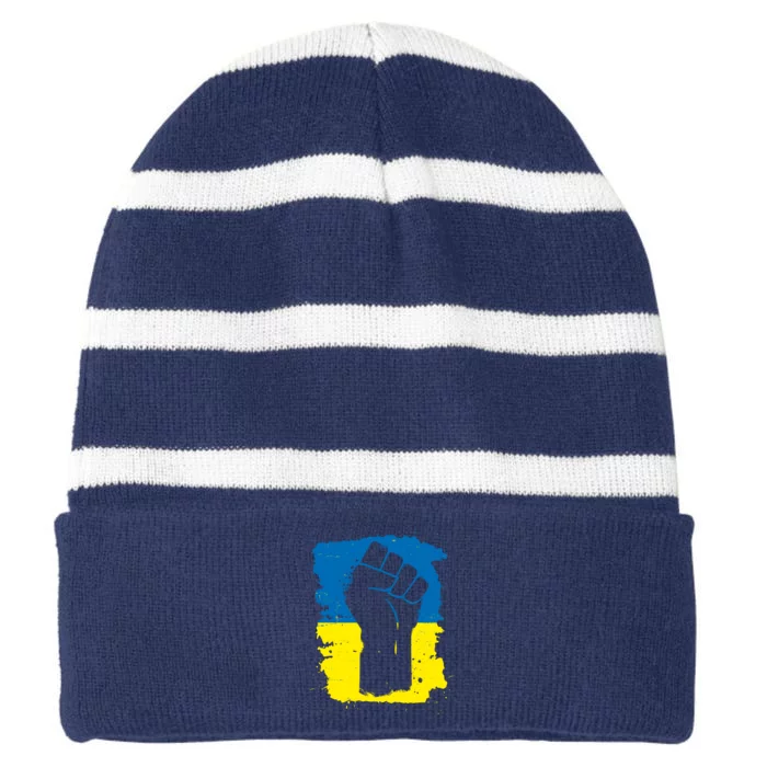 Stand With Ukraine Distressed Protest Fist Ukrainian Flag Striped Beanie with Solid Band