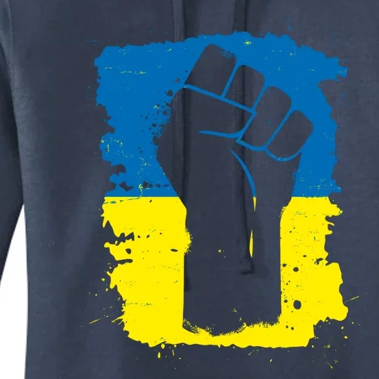 Stand With Ukraine Distressed Protest Fist Ukrainian Flag Women's Pullover Hoodie