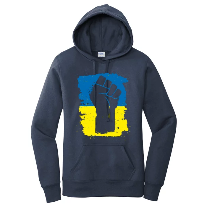 Stand With Ukraine Distressed Protest Fist Ukrainian Flag Women's Pullover Hoodie