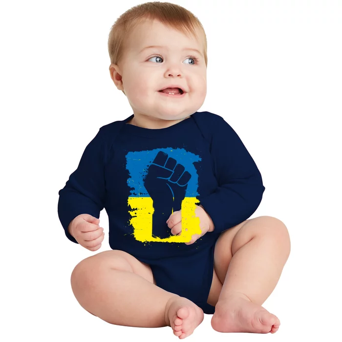 Stand With Ukraine Distressed Protest Fist Ukrainian Flag Baby Long Sleeve Bodysuit