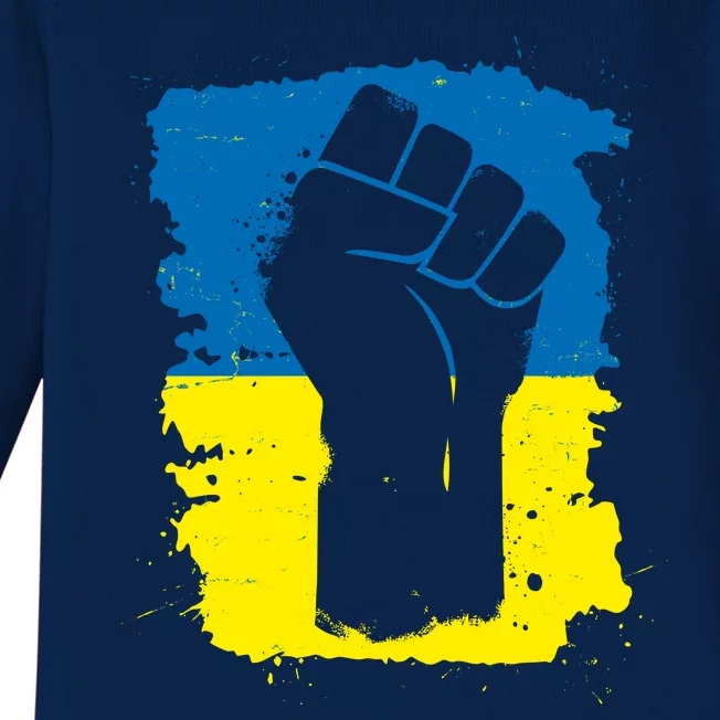 Stand With Ukraine Distressed Protest Fist Ukrainian Flag Baby Long Sleeve Bodysuit