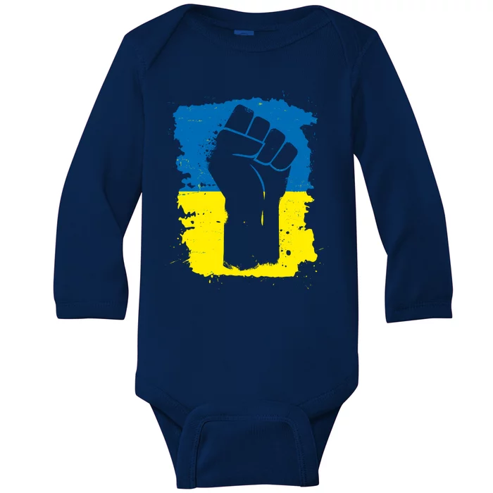 Stand With Ukraine Distressed Protest Fist Ukrainian Flag Baby Long Sleeve Bodysuit