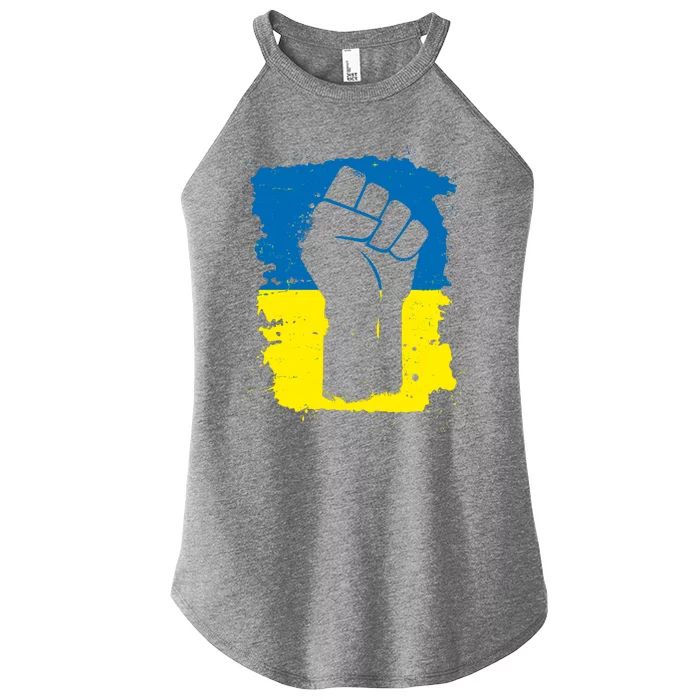 Stand With Ukraine Distressed Protest Fist Ukrainian Flag Women’s Perfect Tri Rocker Tank