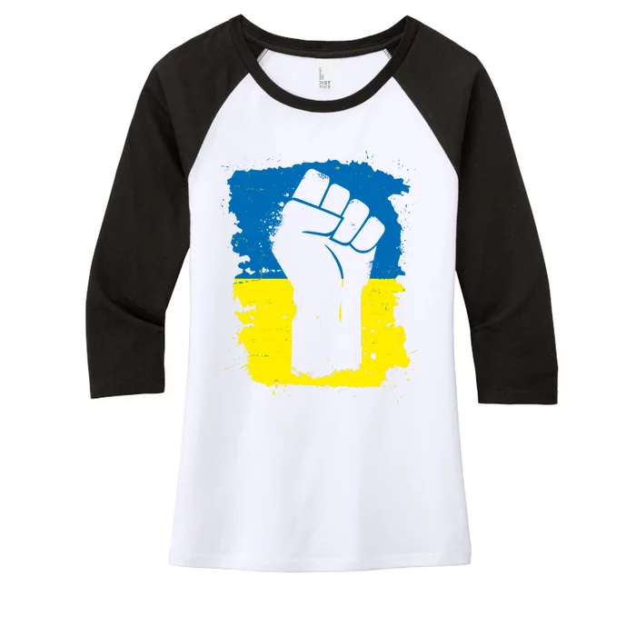 Stand With Ukraine Distressed Protest Fist Ukrainian Flag Women's Tri-Blend 3/4-Sleeve Raglan Shirt