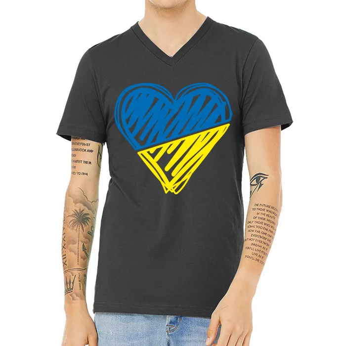 Stand With Ukraine Scribble Heart Ukrainian Flag V-Neck T-Shirt