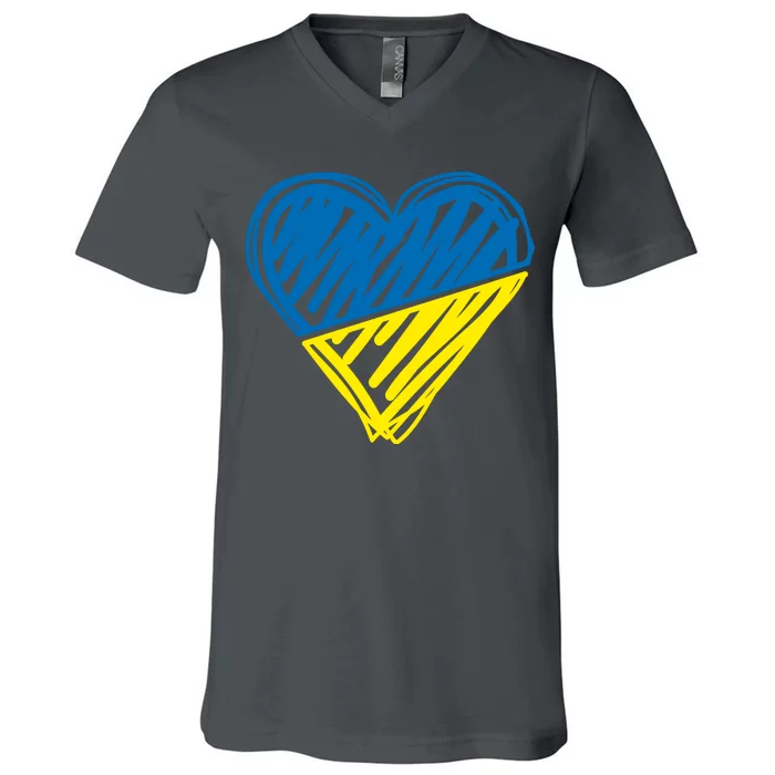 Stand With Ukraine Scribble Heart Ukrainian Flag V-Neck T-Shirt