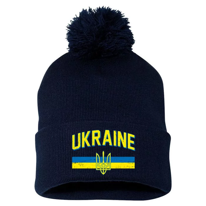 Stand With Ukraine Ukrainian Flag Coat Of Arms Pom Pom 12in Knit Beanie