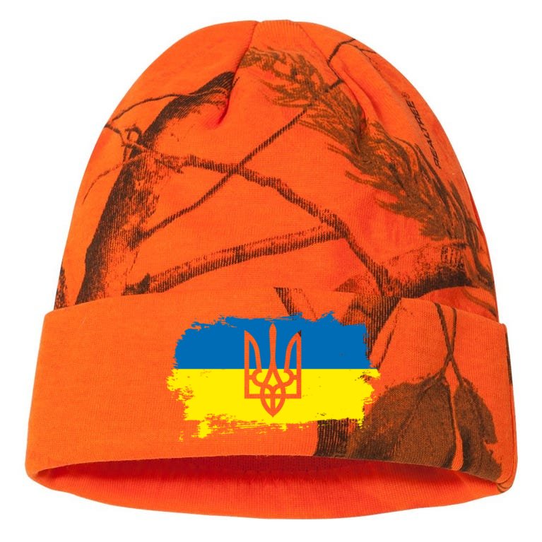 Stand With Ukraine Painted Distressed Ukrainian Flag Symbol Kati - 12" Camo Beanie