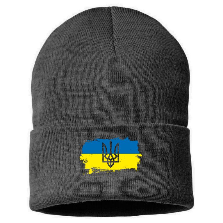 Stand With Ukraine Painted Distressed Ukrainian Flag Symbol Sustainable Knit Beanie