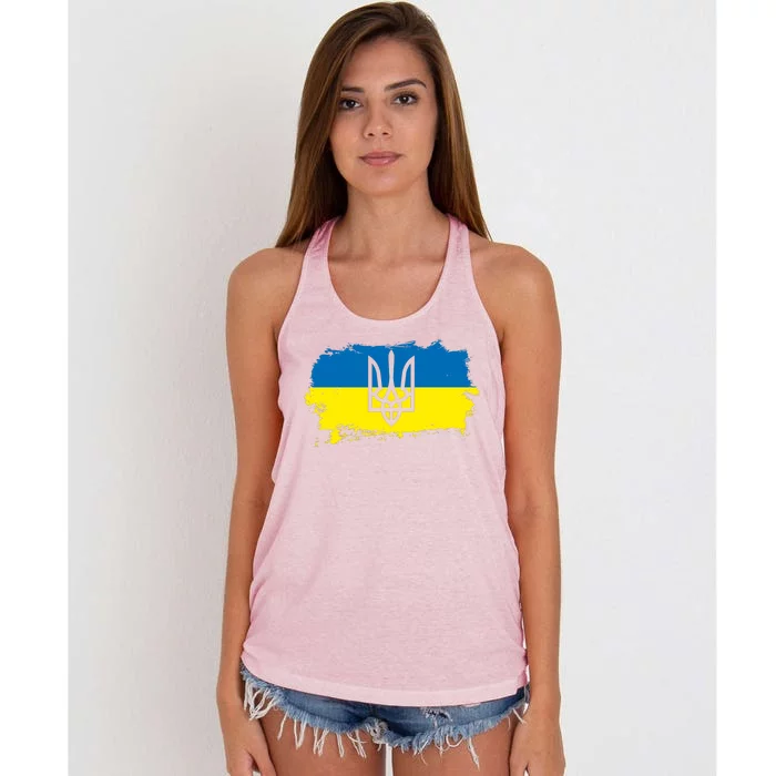 Stand With Ukraine Painted Distressed Ukrainian Flag Symbol Women's Knotted Racerback Tank