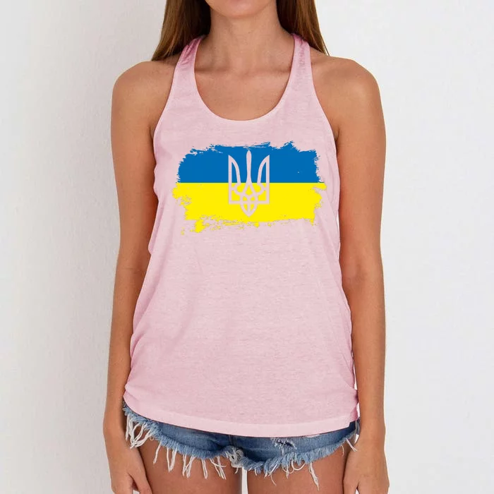 Stand With Ukraine Painted Distressed Ukrainian Flag Symbol Women's Knotted Racerback Tank