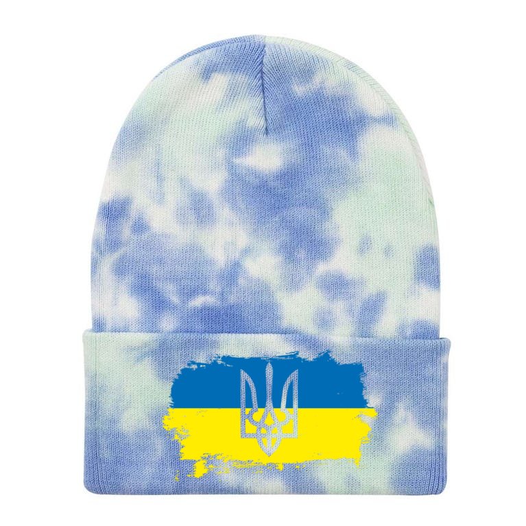 Stand With Ukraine Painted Distressed Ukrainian Flag Symbol Tie Dye 12" Knit Beanie