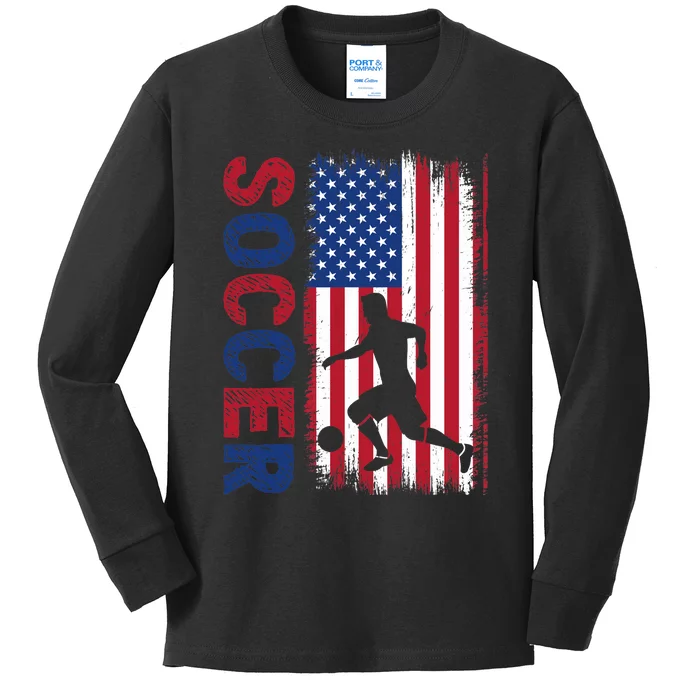 Soccer With Usa Flag For Soccer Lover Kids Long Sleeve Shirt