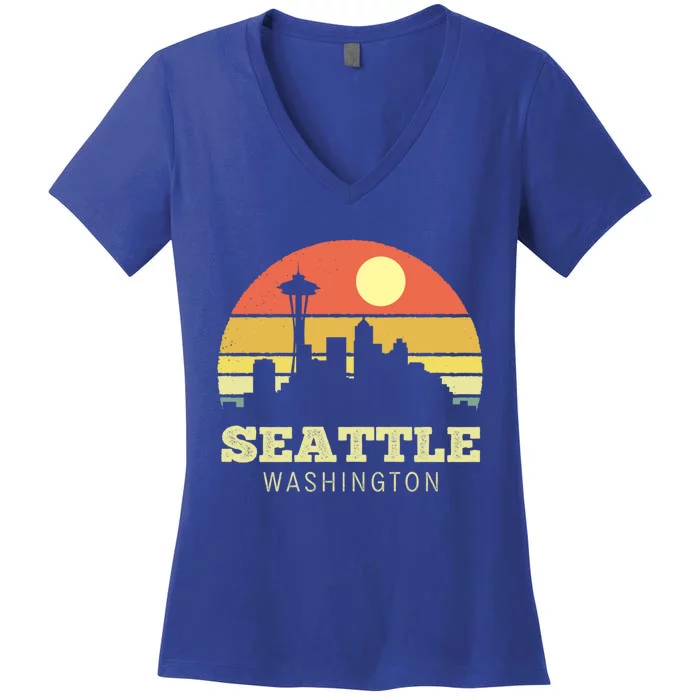 Seattle Washington Vintage Sunset City Needle Retro Style Funny Gift Women's V-Neck T-Shirt