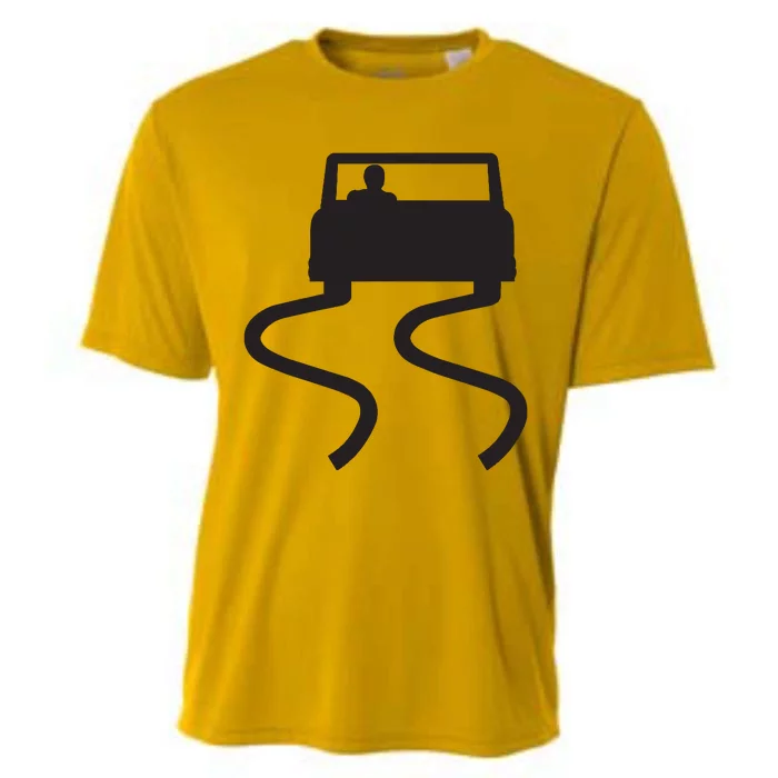 Slippery When Wet Caution Roadside Sign Cooling Performance Crew T-Shirt