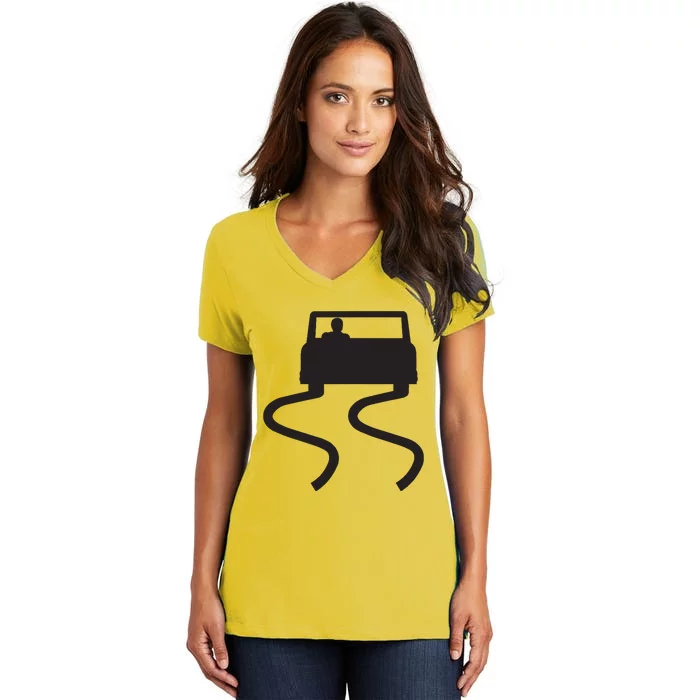 Slippery When Wet Caution Roadside Sign Women's V-Neck T-Shirt