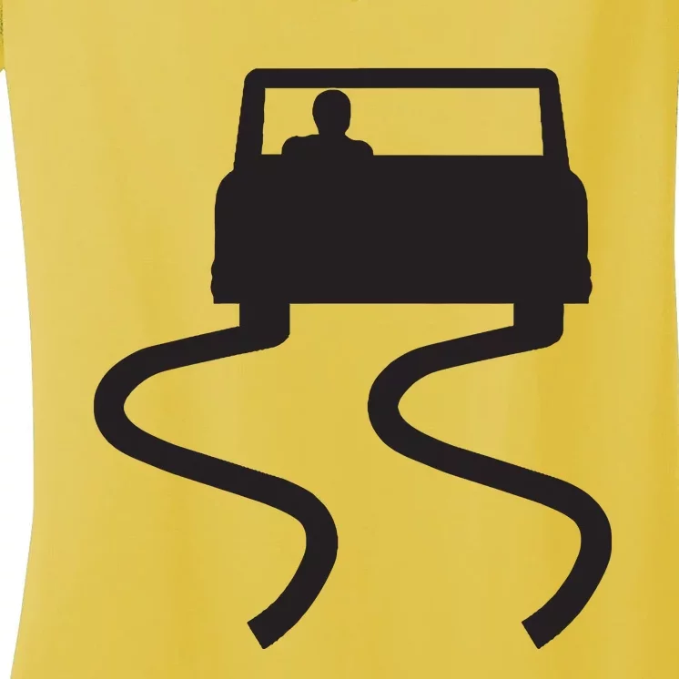 Slippery When Wet Caution Roadside Sign Women's V-Neck T-Shirt