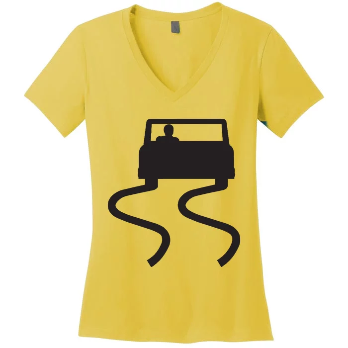 Slippery When Wet Caution Roadside Sign Women's V-Neck T-Shirt