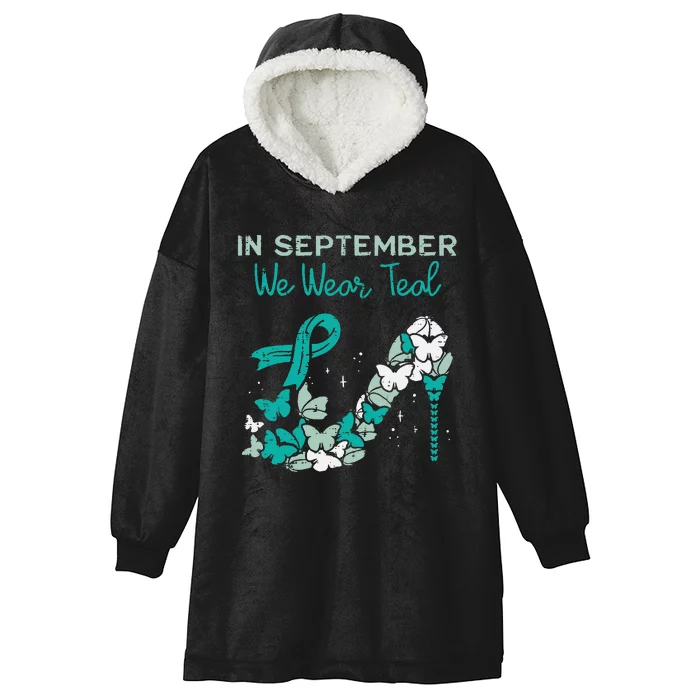 September We Wear Teal Ribbon Shoe Ovarian Cancer Awareness Hooded Wearable Blanket