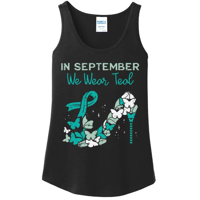 September We Wear Teal Ribbon Shoe Ovarian Cancer Awareness Ladies Essential Tank