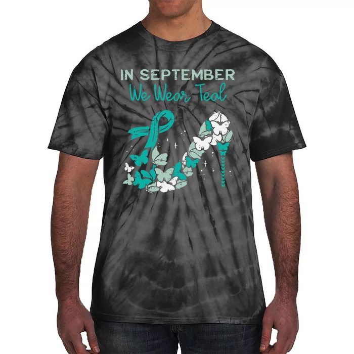 September We Wear Teal Ribbon Shoe Ovarian Cancer Awareness Tie-Dye T-Shirt