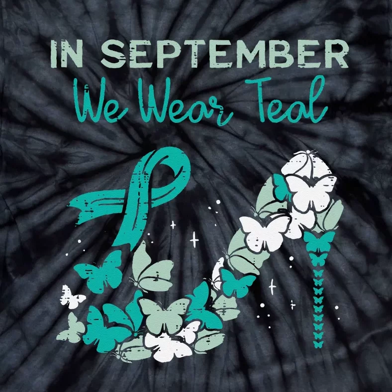 September We Wear Teal Ribbon Shoe Ovarian Cancer Awareness Tie-Dye T-Shirt