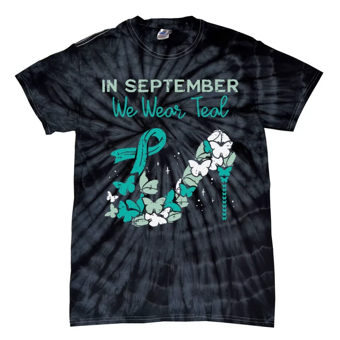 September We Wear Teal Ribbon Shoe Ovarian Cancer Awareness Tie-Dye T-Shirt