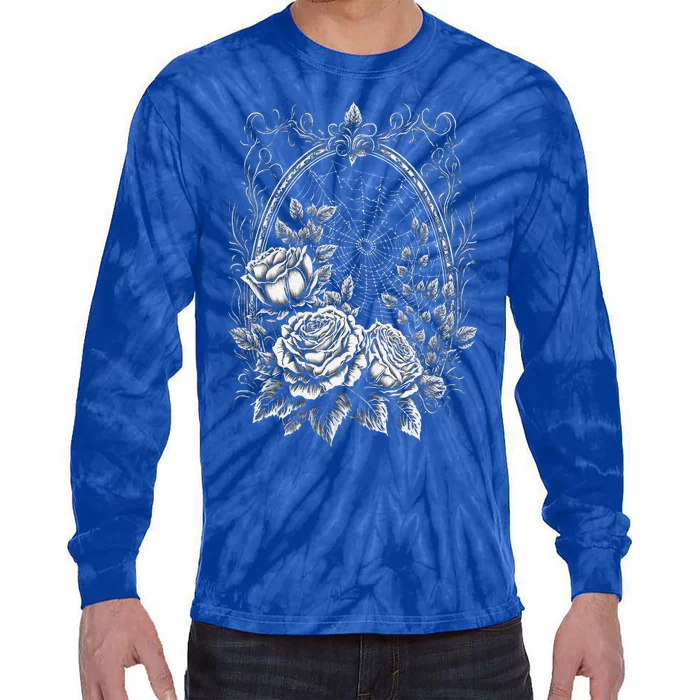 Spider Web With Frame And Roses Halloween Goth Nature Witch Tie-Dye Long Sleeve Shirt