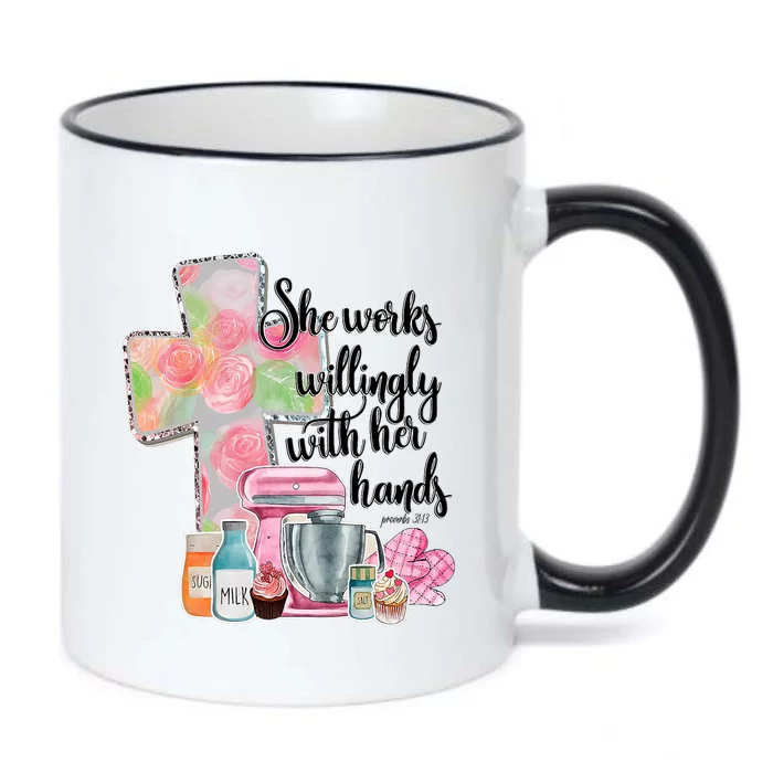 She Works Willingly With Her Hands Proverbs 31 Baker Black Color Changing Mug