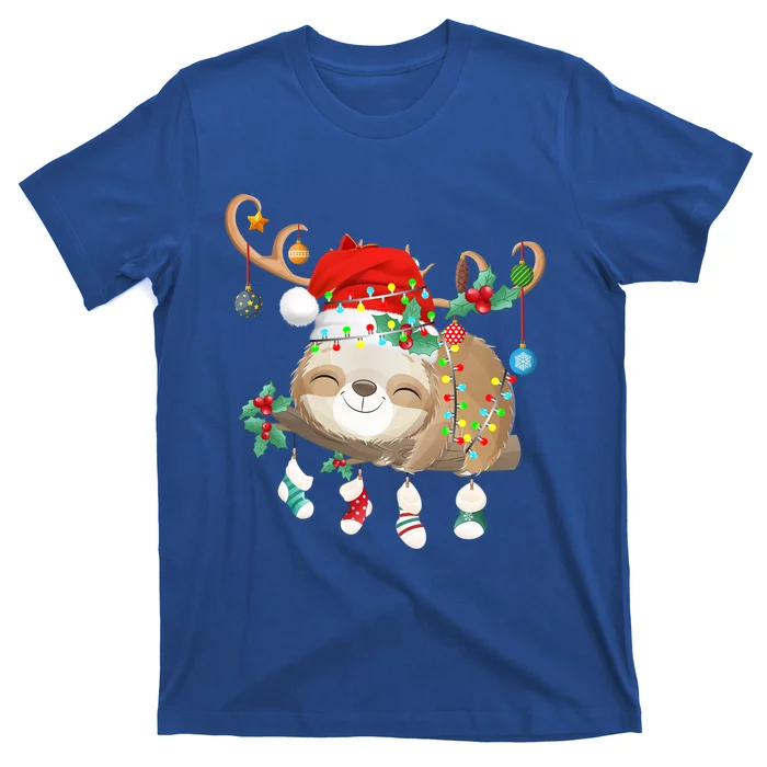 Sloths Xmas Gift Lighting Reindeer Santa Hat Sloth Christmas Meaningful Gift T-Shirt