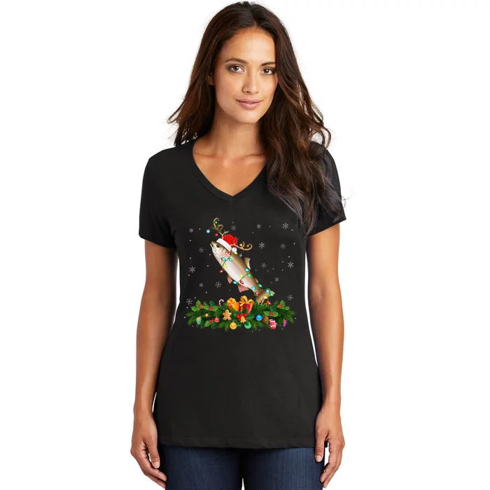 Salmon Xmas Lighting Reindeer Santa Hat Salmon Christmas Women's V-Neck T-Shirt