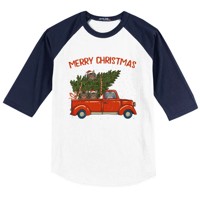 Siberian Xmas Vintage Red Pickup Retro Truck Gift Baseball Sleeve Shirt