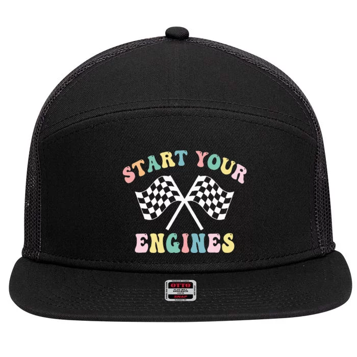 Start Your Engines Groovy Checkered Flag Retro Racing 7 Panel Mesh Trucker Snapback Hat