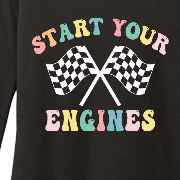 Start Your Engines Groovy Checkered Flag Retro Racing Womens CVC Long Sleeve Shirt