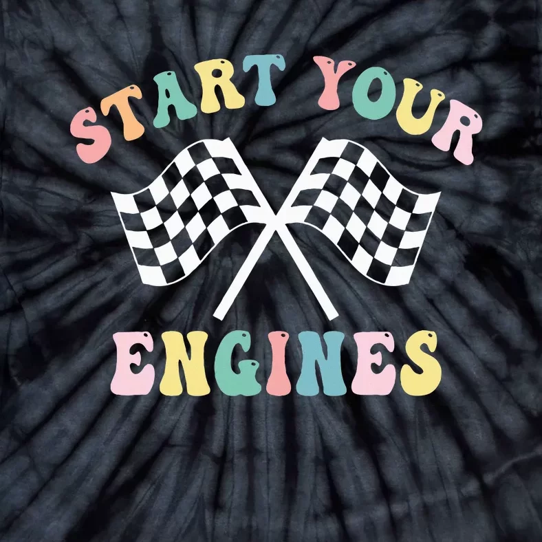 Start Your Engines Groovy Checkered Flag Retro Racing Tie-Dye T-Shirt